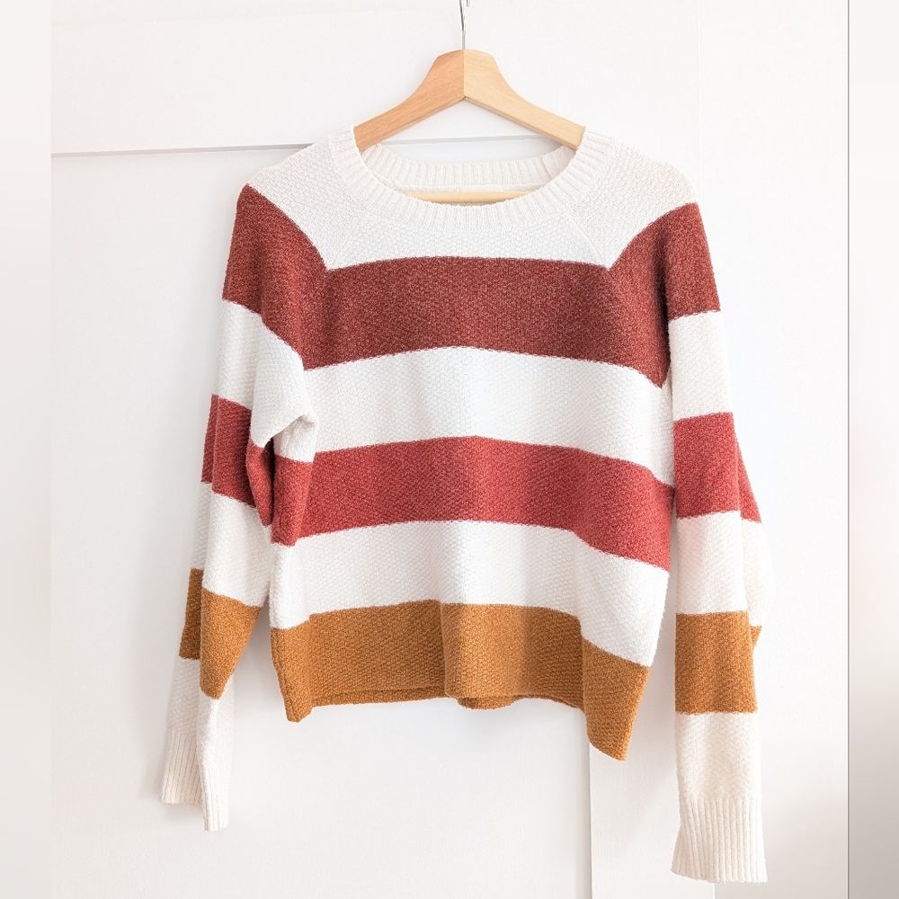 Chic Striped Women's Sweater in White, Red, and Tan
